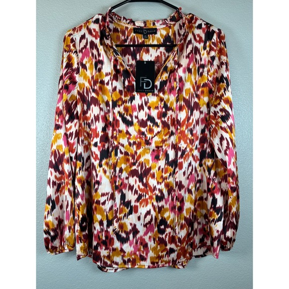 Fred David Tops - Fred David Women's Small Abstract Print‎ Long Sleeve V Neck Tie Neck Blouse NWT